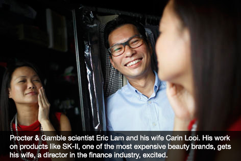 Procter & Gamble scientist Eric Lam and his wife Carin Looi. His work on products like SK-II, one of the most expensive beauty brands, gets his wife, a director in the finance industry, excited.